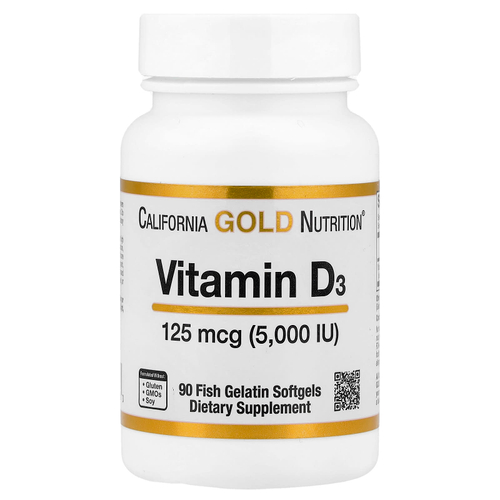 California Gold Nutrition, витамин D3, 125 мкг (5000 МЕ), 90 капсул из рыбьего желатина