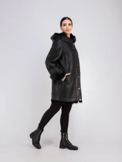 Дубленка зимняя с капюшоном натуральная оверсайз
