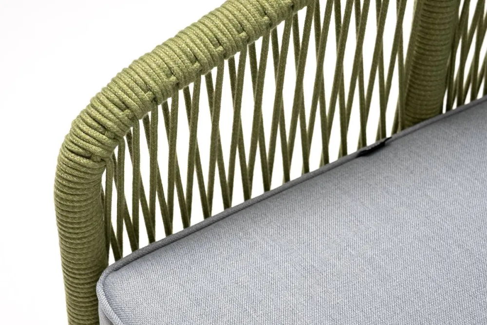 "Канны" кресло плетеное из роупа, каркас алюминий светло-серый (RAL7035) муар, роуп салатовый меланж круглый, ткань светло-серая