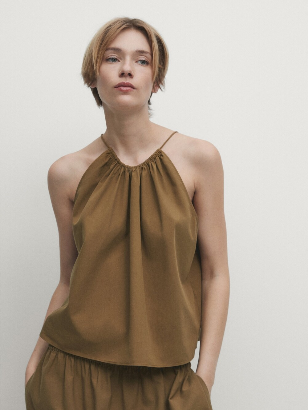 Massimo Dutti Топ из 100% хлопка с горловиной халтер, табачный
