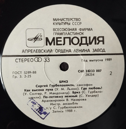 Винтажная виниловая пластинка LP Сергей Гурбелошвили Бриз (СССР 1989)