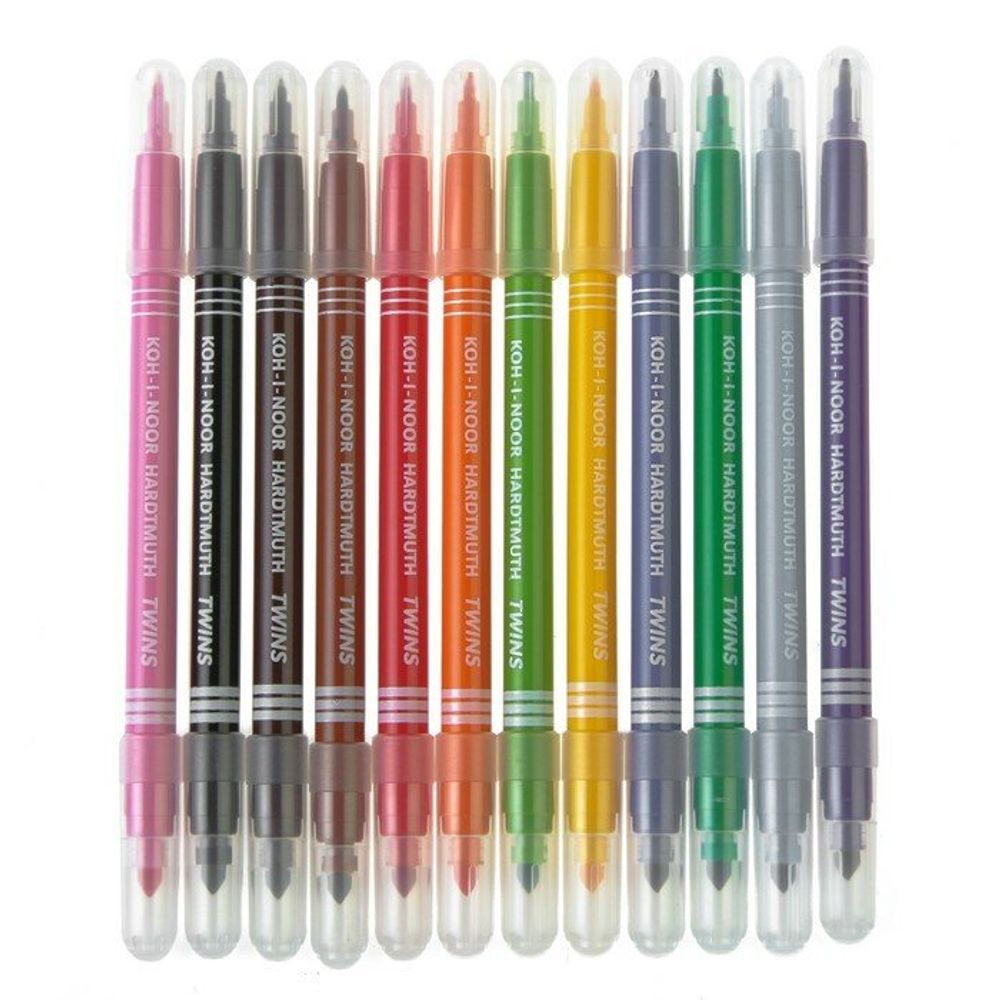 Фломастеры KOH-I-NOOR, 12 цветов, двухсторонние, 1 и 3 мм, смываемые, пластиковая упаковка, подвес, 771023AB02TE