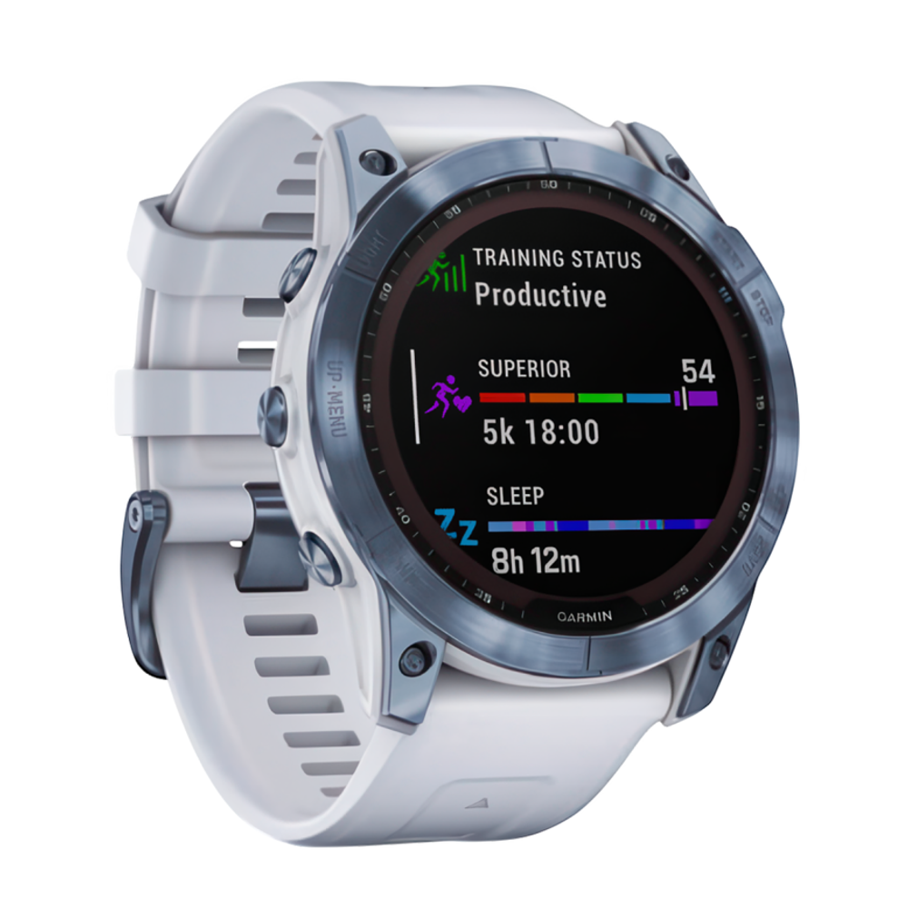 Спортивные часы Garmin fenix 7X Sapphire Solar Edition, 51 мм, силиконовый ремешок цвета «Уайтстоун» Безель из титана цвета «синий минерал» с DLC-покрытием, дисплей Solar со стеклом Power Sapphire. Ремешок с классической застёжкой — на запястье обхватом 1