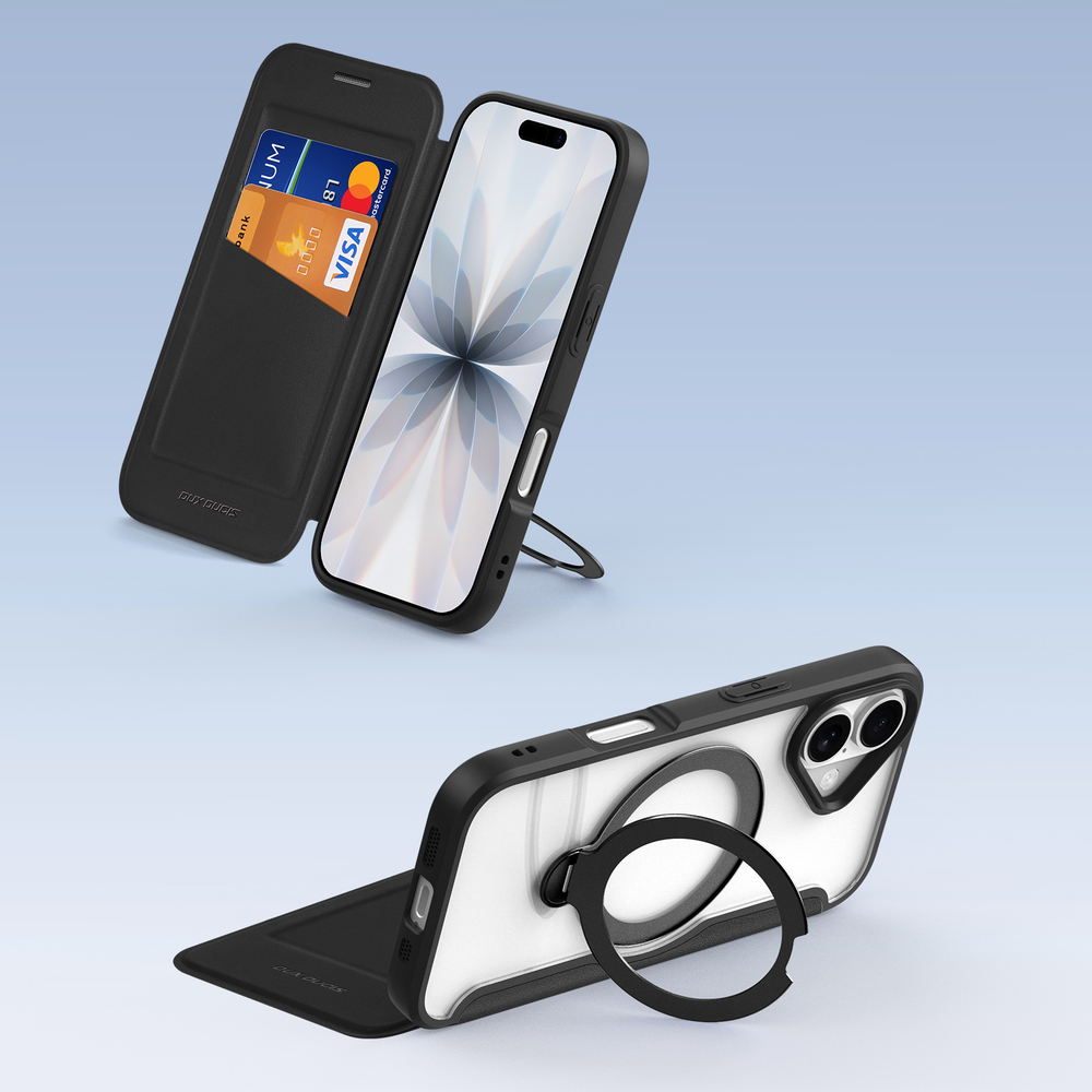 Прозрачный чехол книжка с поддержкой MagSafe от Dux Ducis для iPhone 17, серия Skin X Pro Series Case (версия с магнитной откидной подставкой)