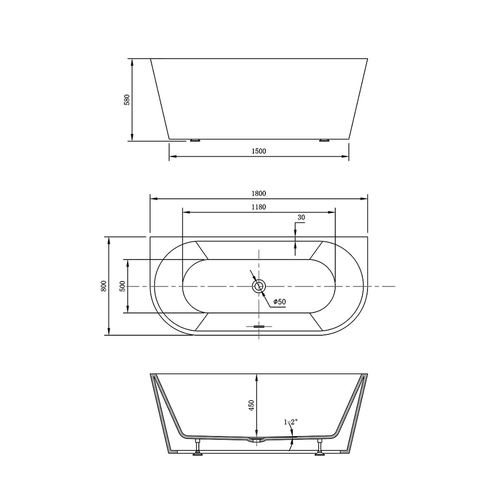 Ванна акриловая Vincea VBT-421-1800, 1800*800*580, цвет белый, щелевой перелив, , шт