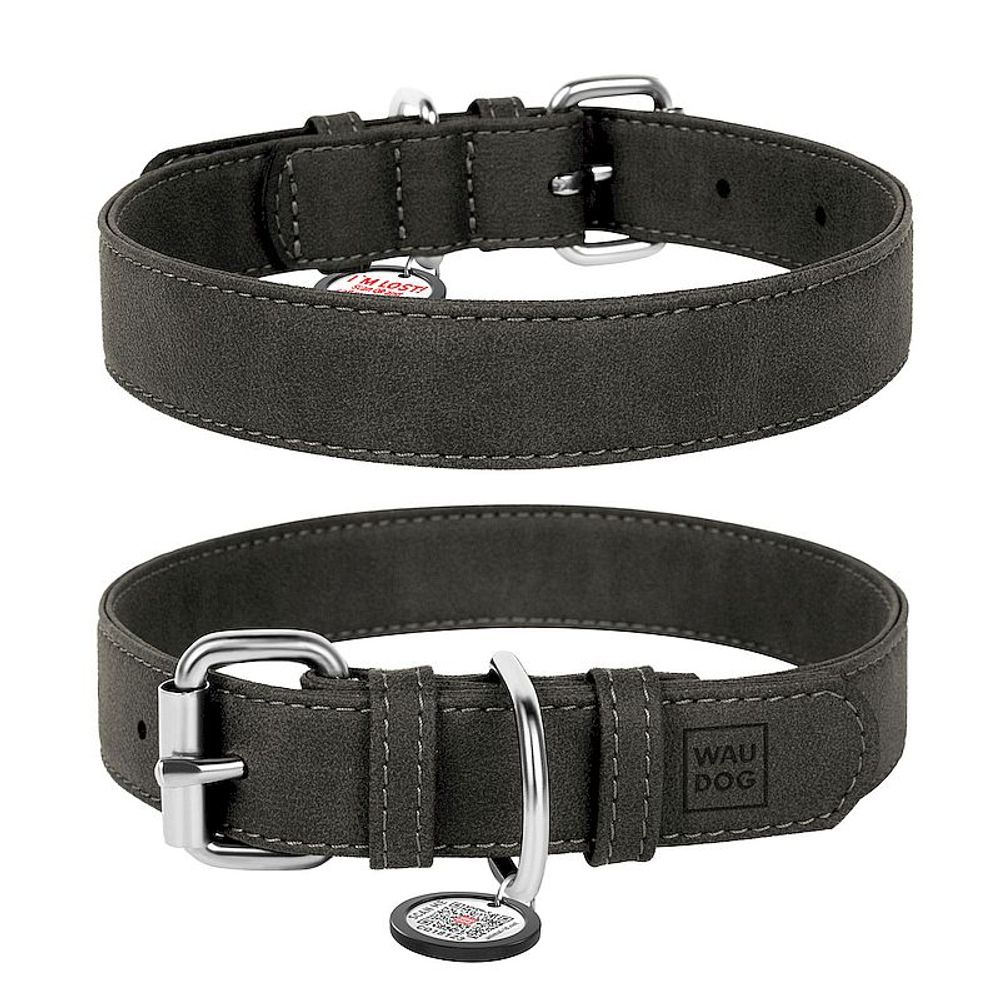 Ошейник для собак из искусственной кожи WAUDOG Eco с QR паспортом, L, Ш 35 мм, Дл 46-60 см серый Ошейник для собак из искусственной кожи WAUDOG Eco с QR паспортом, L, Ш 35 мм, Дл 46-60 см серый