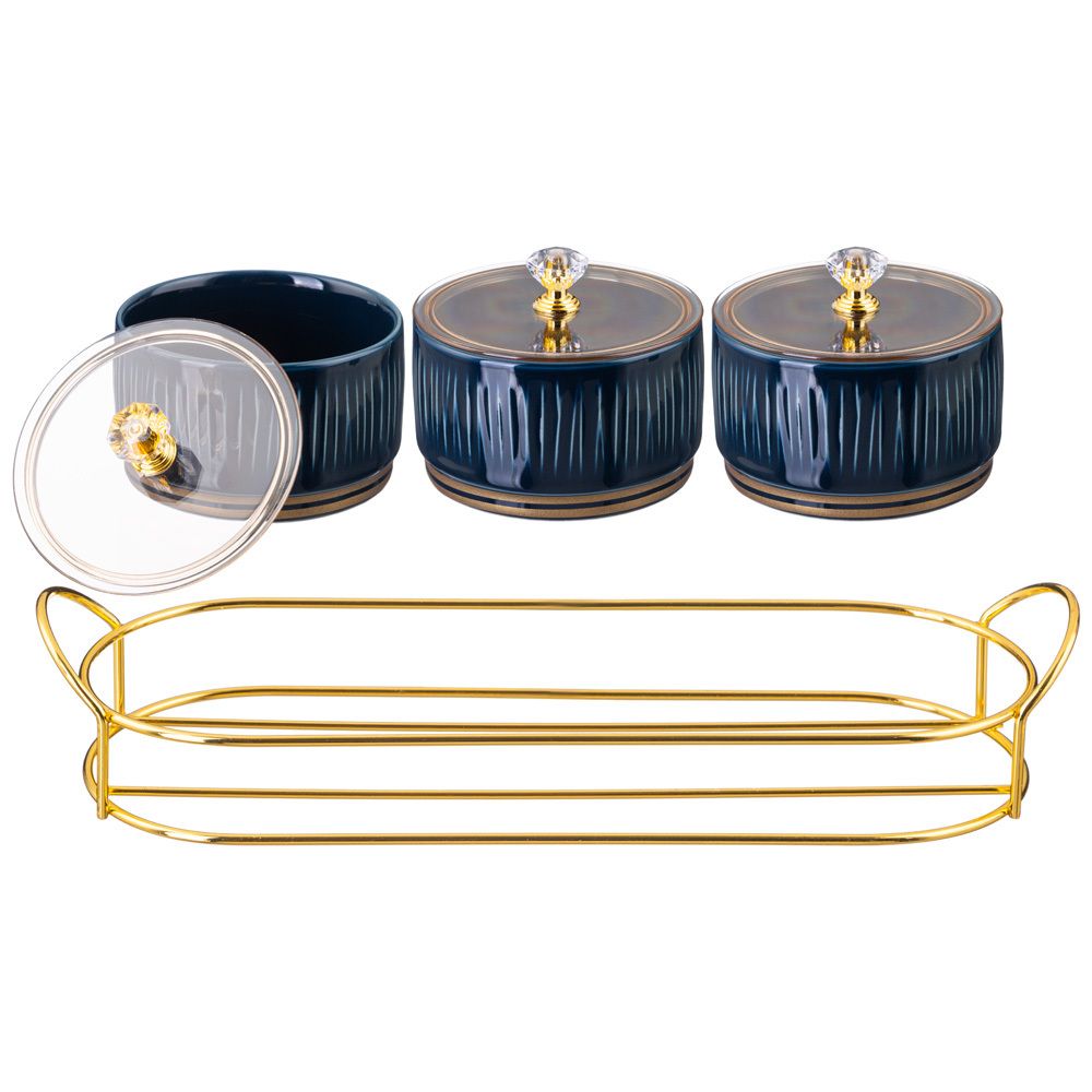 НАБОР БАНОК LEFARD "HERBAL" С ПЛАСТИК. КРЫШКОЙ 3 ШТ. 230 МЛ НА МЕТАЛЛ. ПОДСТАВКЕ СИНИЙ (КОР=24НАБ.)