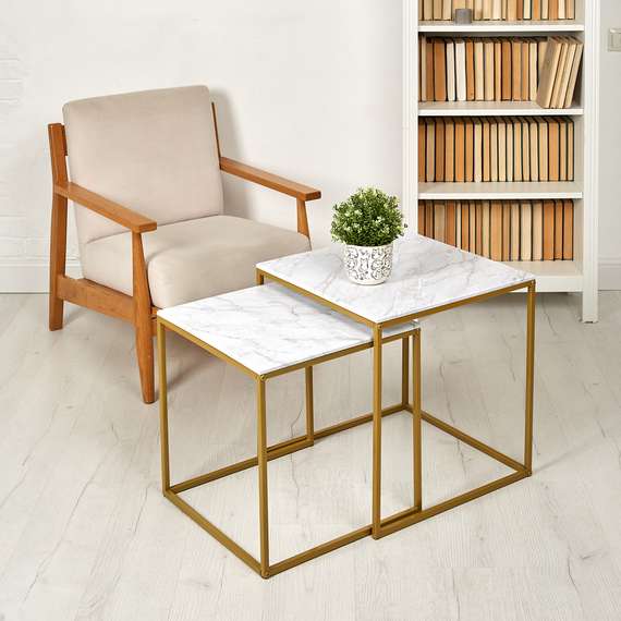 Стол журнальный МеталлАрт М002 белый мрамор/золото