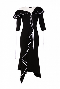 Платье чёрное с воланами и ассиметричной кокеткой 01-01-21SS