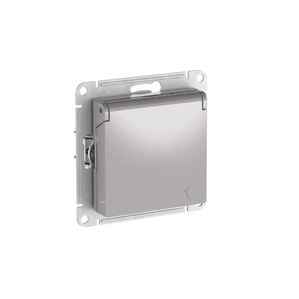 ATLASDESIGN РОЗЕТКА с заземлением со шторками с крышкой,16А,IP20, мех.,быстрозажим. клем., АЛЮМИНИЙ