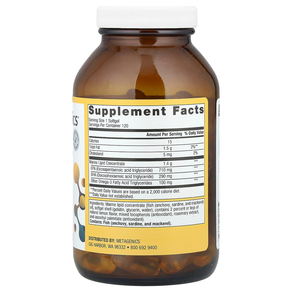 Metagenics, OmegaGenics®, рыбий жир с ЭПК и ДГК, натуральный лимонный вкус, 1000 мг, 120 капсул