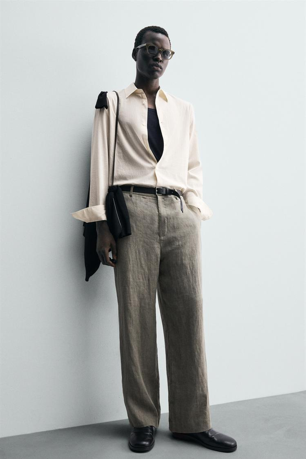 ZARА РУБАШКА ИЗ ХЛОПКА И ВИСКОЗЫ В ПОЛОСКУ, БЕЖЕВЫЙ