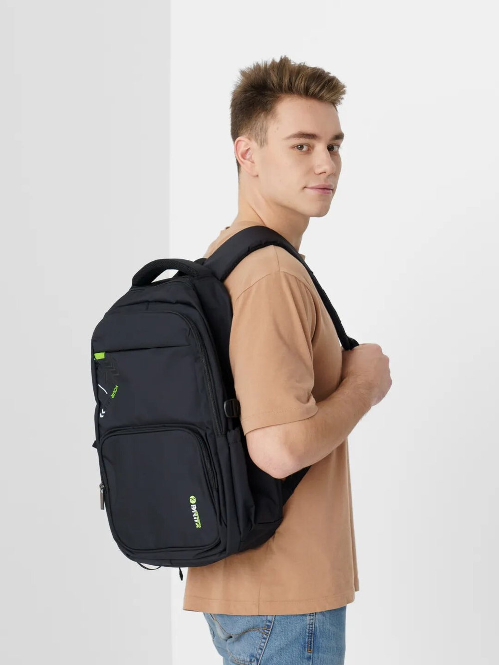 Рюкзак мужской городской повседневный пикник для отдыха, черный / зеленый