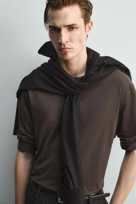 ZARA МЕРСЕРИЗОВАННАЯ ФУТБОЛКА С ДЛИННЫМИ РУКАВАМИ — LIMITED EDITION, КОРИЧНЕВЫЙ