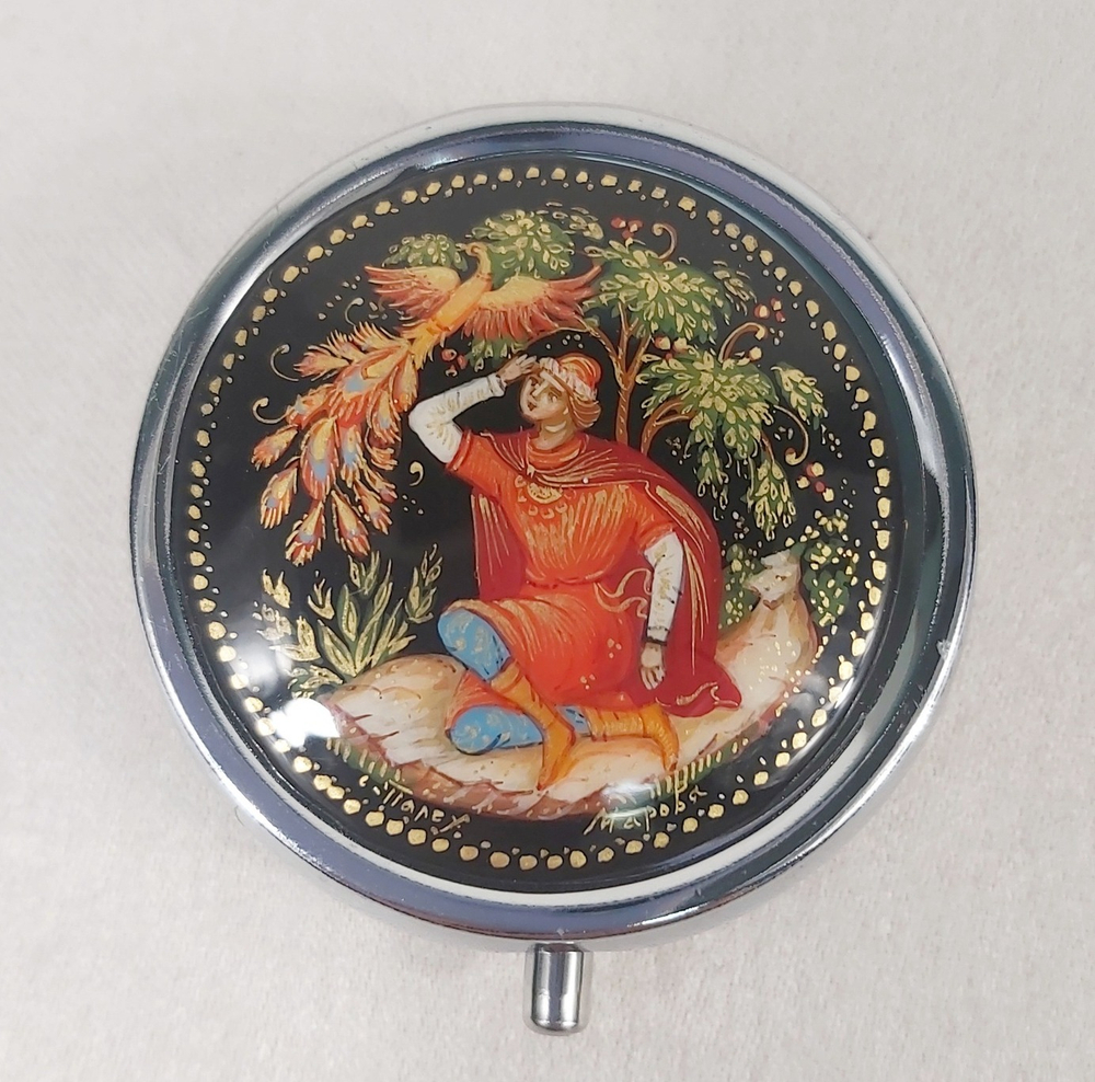 Сувенирный контейнер для хранения мелочей с ручной росписью Палех "Иван-царевич и жар-птица" №2