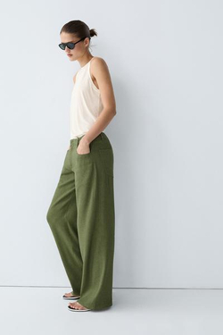 Massimo Dutti Прямые брюки из смесовой льняной ткани, зеленый