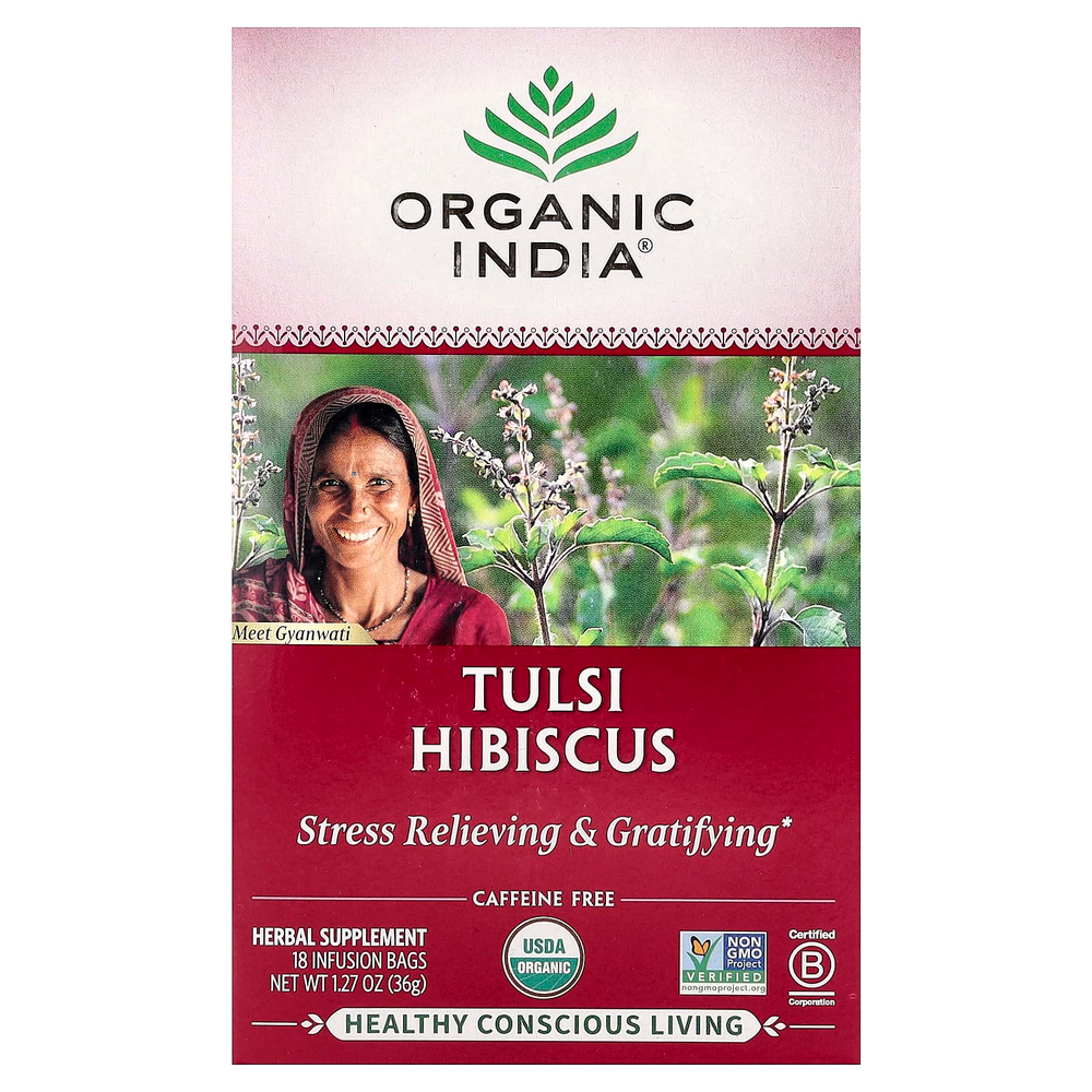 Organic India, Tulsi Tea, гибискус, без кофеина, 18 пакетиков для заваривания, 36 г (1,27 унции)