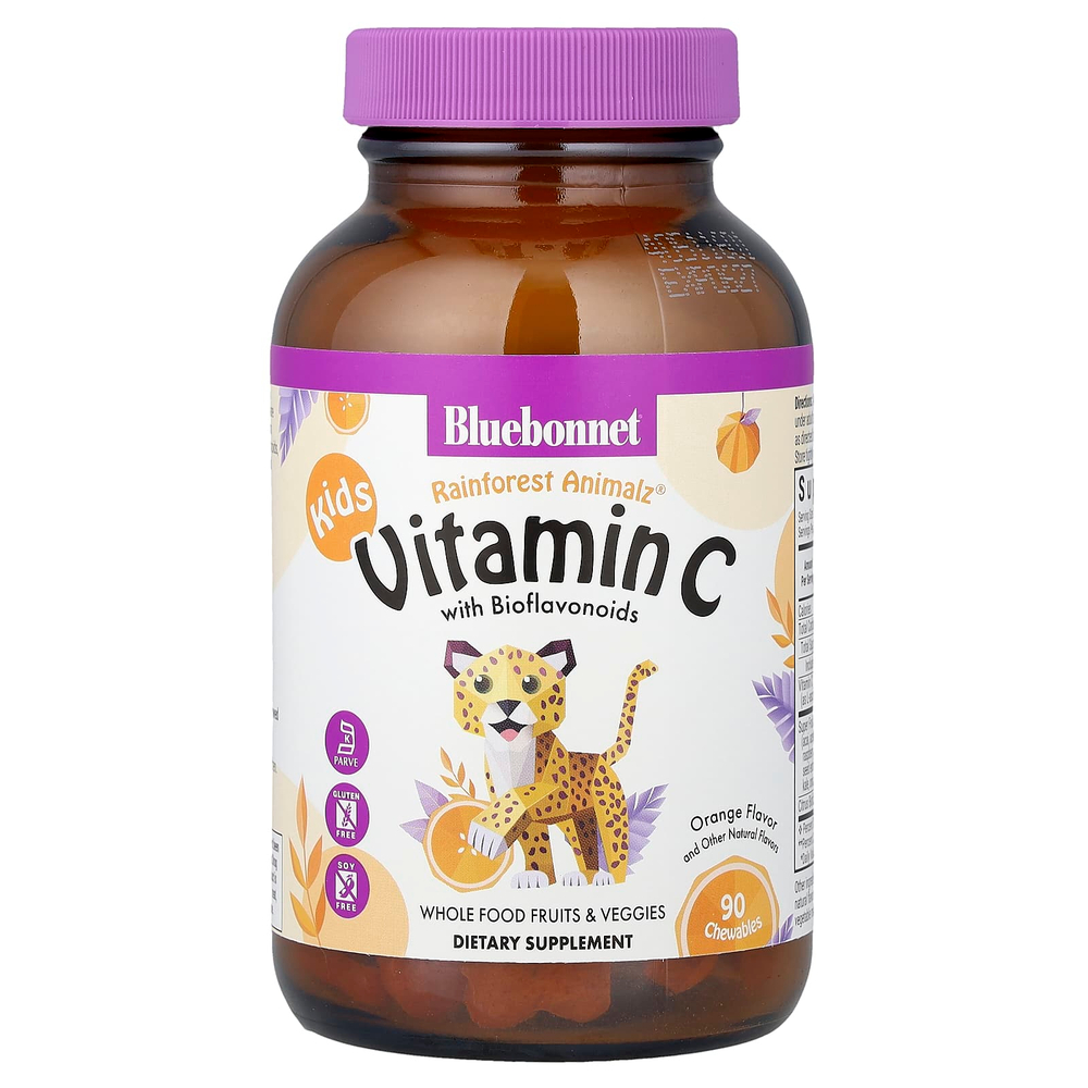 Bluebonnet Nutrition, Rainforest Animalz®, витамин C с биофлавоноидами, со вкусом апельсина, 90 жевательных таблеток