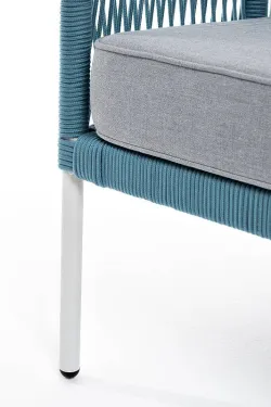 "Канны" диван 2-местный плетеный из роупа, каркас алюминий светло-серый (RAL7035) муар, роуп бирюзовый круглый, ткань светло-серая