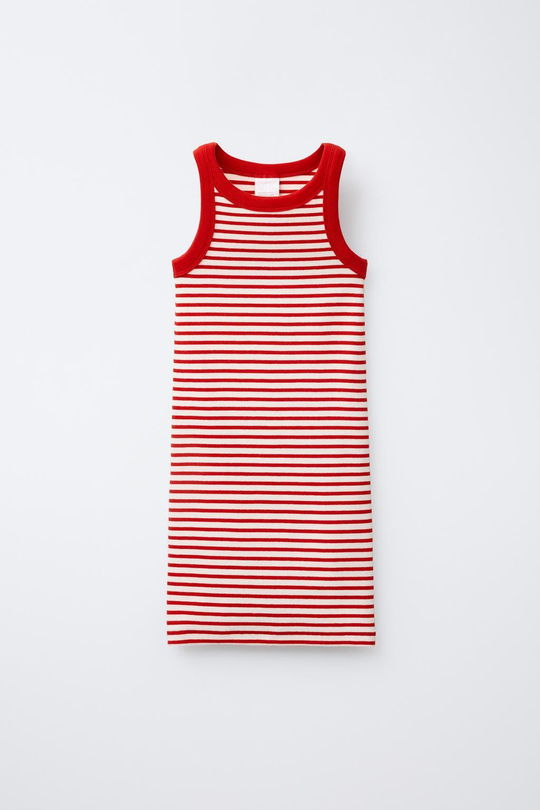 ZARA ПЛАТЬЕ В РУБЧИК В ПОЛОСКУ, ЭКРЮ/КРАСНЫЙ