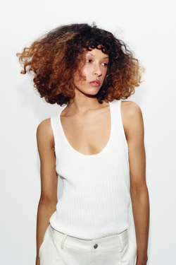 ZARA КОМБИНИРОВАННЫЙ ПОЛУПРОЗРАЧНЫЙ ТРИКОТАЖНЫЙ ТОП, БЕЛЫЙ