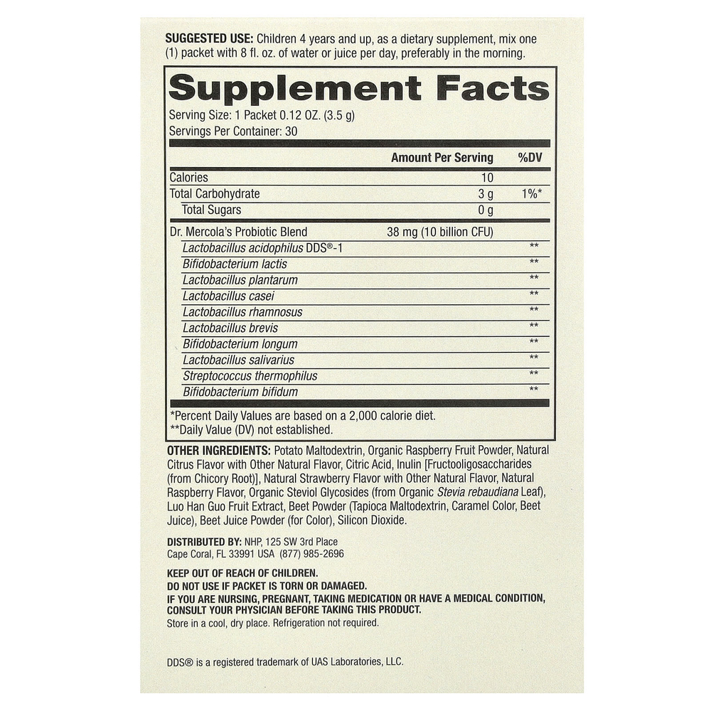 Dr. Mercola, полный комплекс пробиотиков в порошке, для детей, натуральная малина, 10 млрд КОЕ, 30 пакетиков по 3,5 г (0,12 унции)
