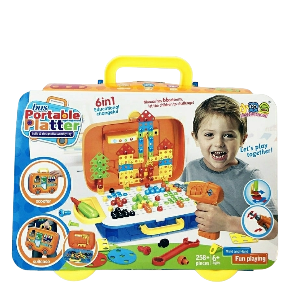 Конструктор мозаика с шуруповёртом 258 деталей Bus Portable Platter 6в1