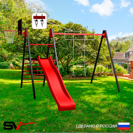 Уличные качели Sv Sport Maxi с горкой УК154КВ1 (3.4м/Щит баскет/Деревянные/Подвесы на втулке 1к)