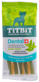 TitBit Палочка витая Дентал+ с сыром и мятой для собак мини пород 30 гр.