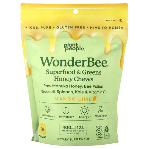 Plant People, WonderBee®, суперфуды, зелень, мед, манго и лайм, 30 жевательных таблеток