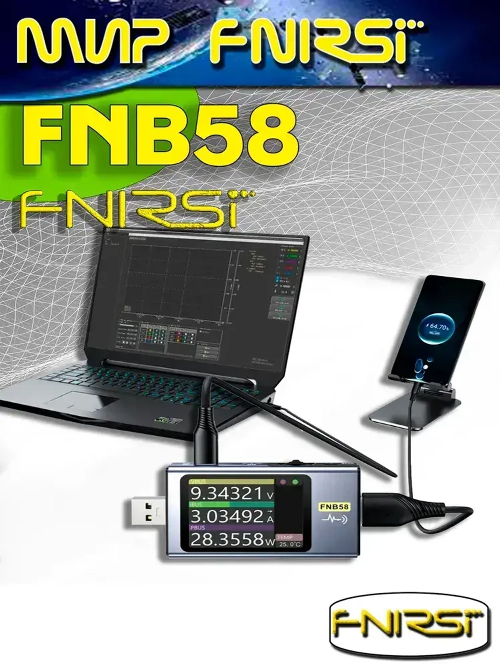 USB-тестер FNIRSI FNB58 напряжения тока и мощности / цифровой портативный Bluetooth
