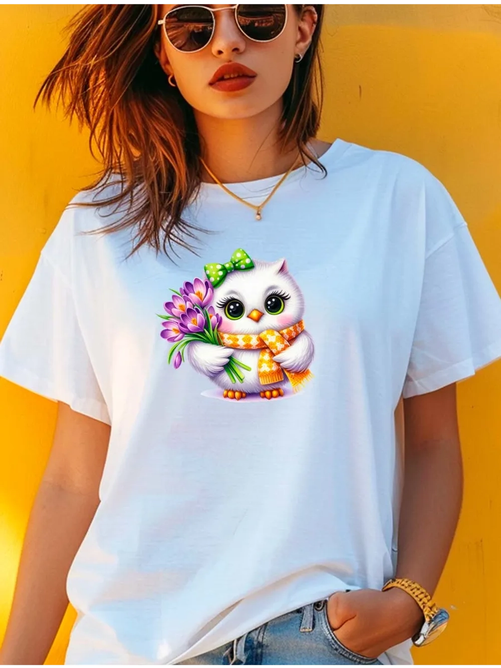 Футболка с белой совой в шарфе