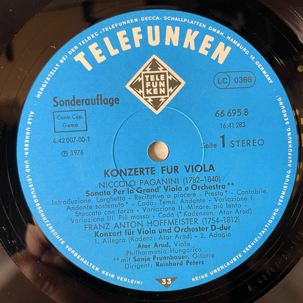 Винтажная виниловая пластинка LP Сборник Классической Музыки, Paganini, Stamitz, Hoffmeister, Atar Arad, Reinhard Peters, Konzerte Fur Viola Концерты для Скрипки (Германия 1976)