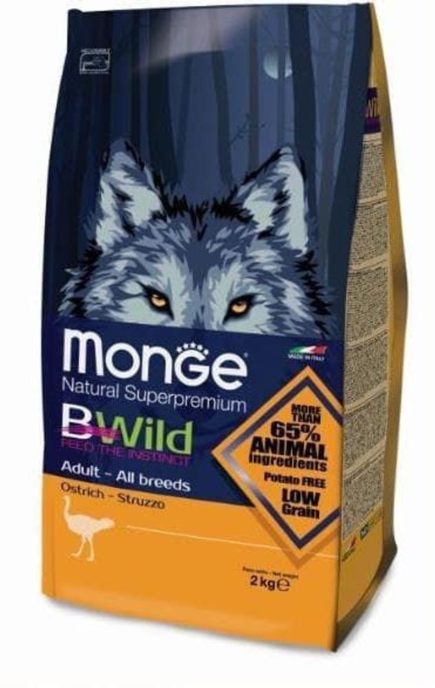 Monge 2кг Bwild Dog Ostrich корм для взрослых собак всех пород с мясом страуса