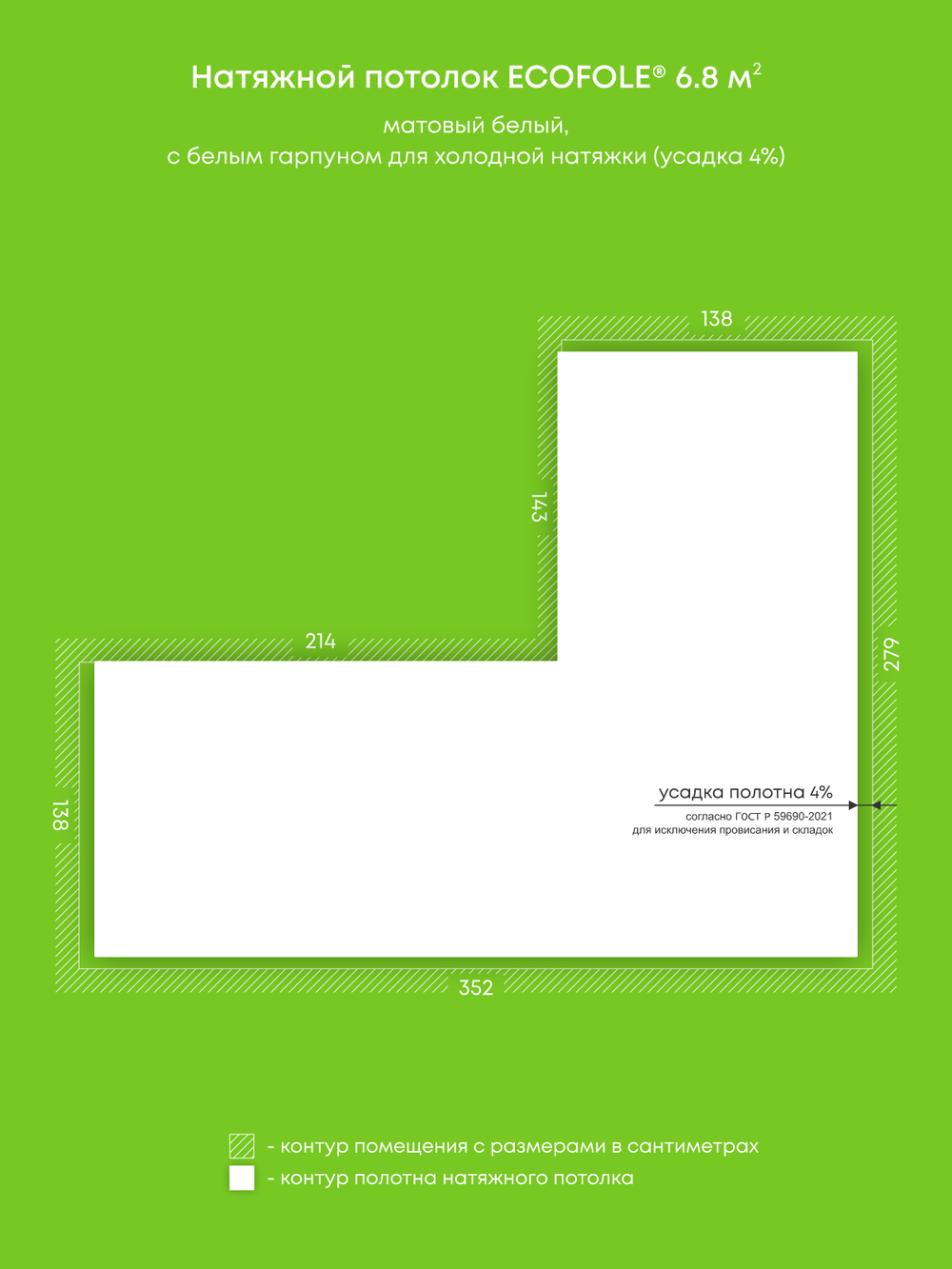 Матовый натяжной потолок 6.8 м2