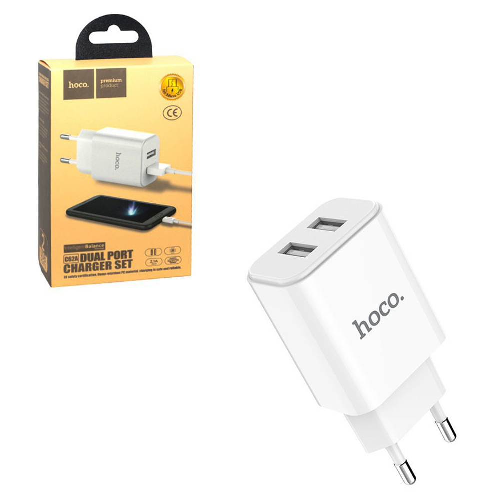 СЗУ USB Hoco C62A (10.5W, 2 порта, кабель Lightning) Белый