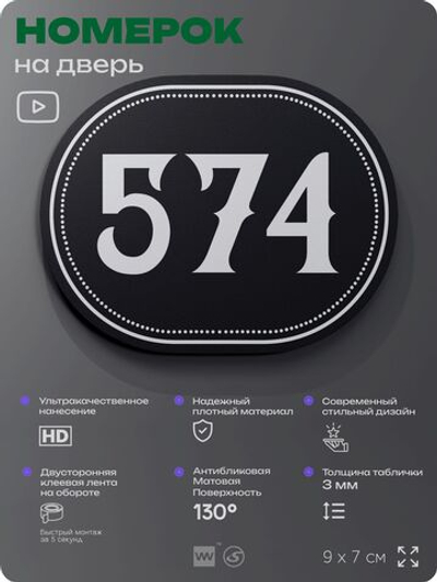 Номерок на дверь квартиры 574, для кабинета, офиса, шильдик 9 х 7 см, черный, Айдентика Технолоджи