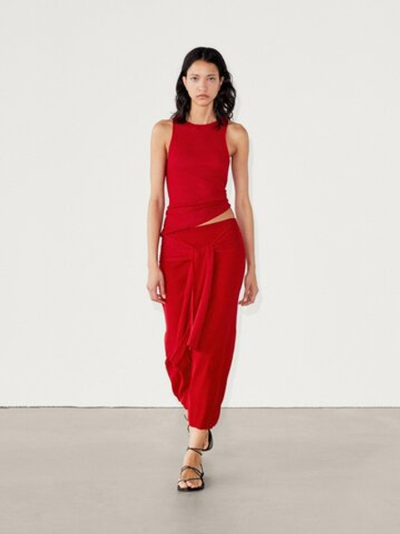Massimo Dutti Юбка в рубчик с завязками, красный