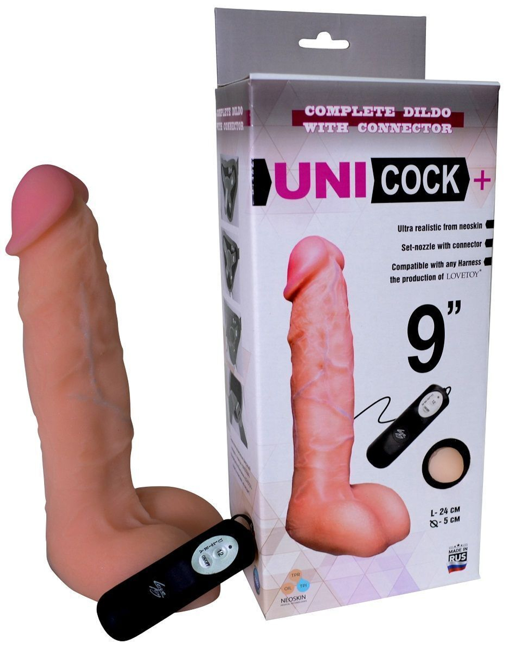 Фаллическая насадка Харнесс UNICOCK 9 с вибрацией - 24 см. (Цвет: телесный)