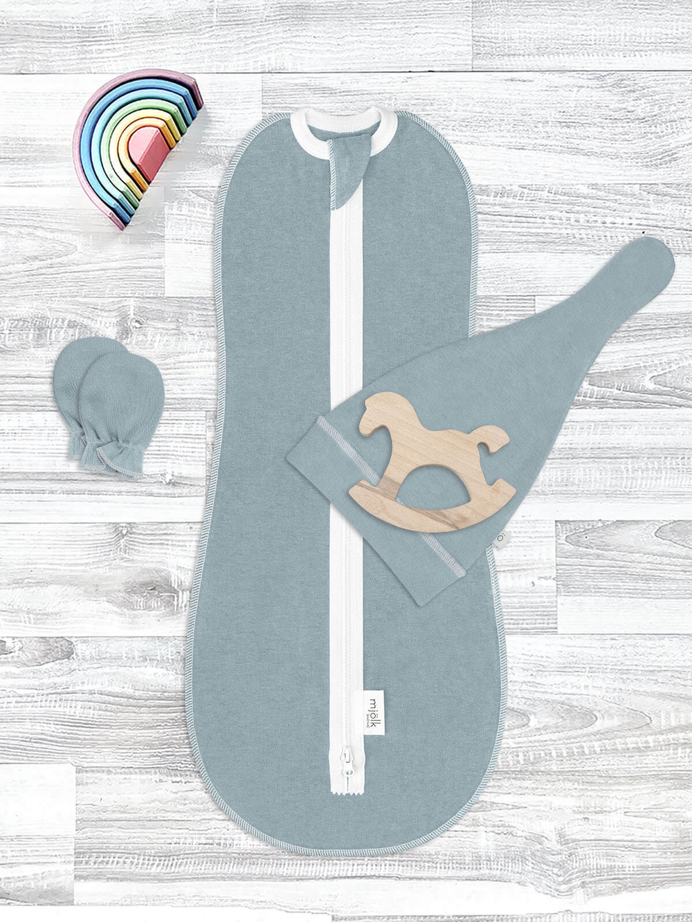 Комплект для новорожденного Mjölk Baby Blue {пеленальный кокон, шапочка, антицарапки}