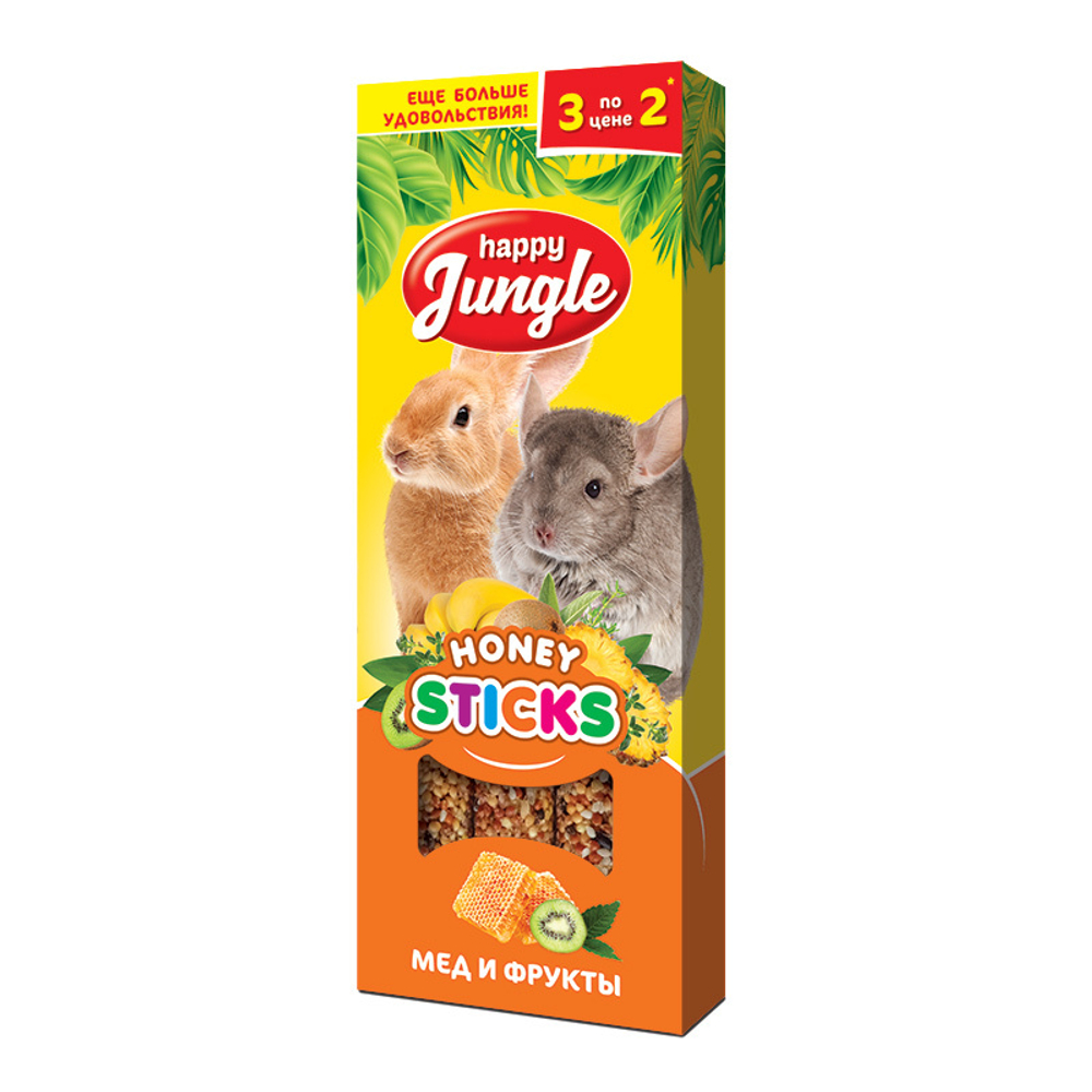 HAPPY JUNGLE Палочки для крупных грызунов Мед и фрукты (3 шт), 90 г