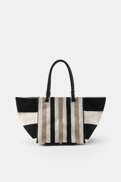 ZARA СУМКА В ПОЛОСКУ С КОЖАНЫМИ РУЧКАМИ, ПЕСОЧНЫЙ