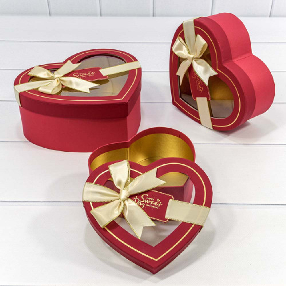Коробка 22.2х19.5х9 см Набор 3 шт "Сердце" с бантом (Красный)