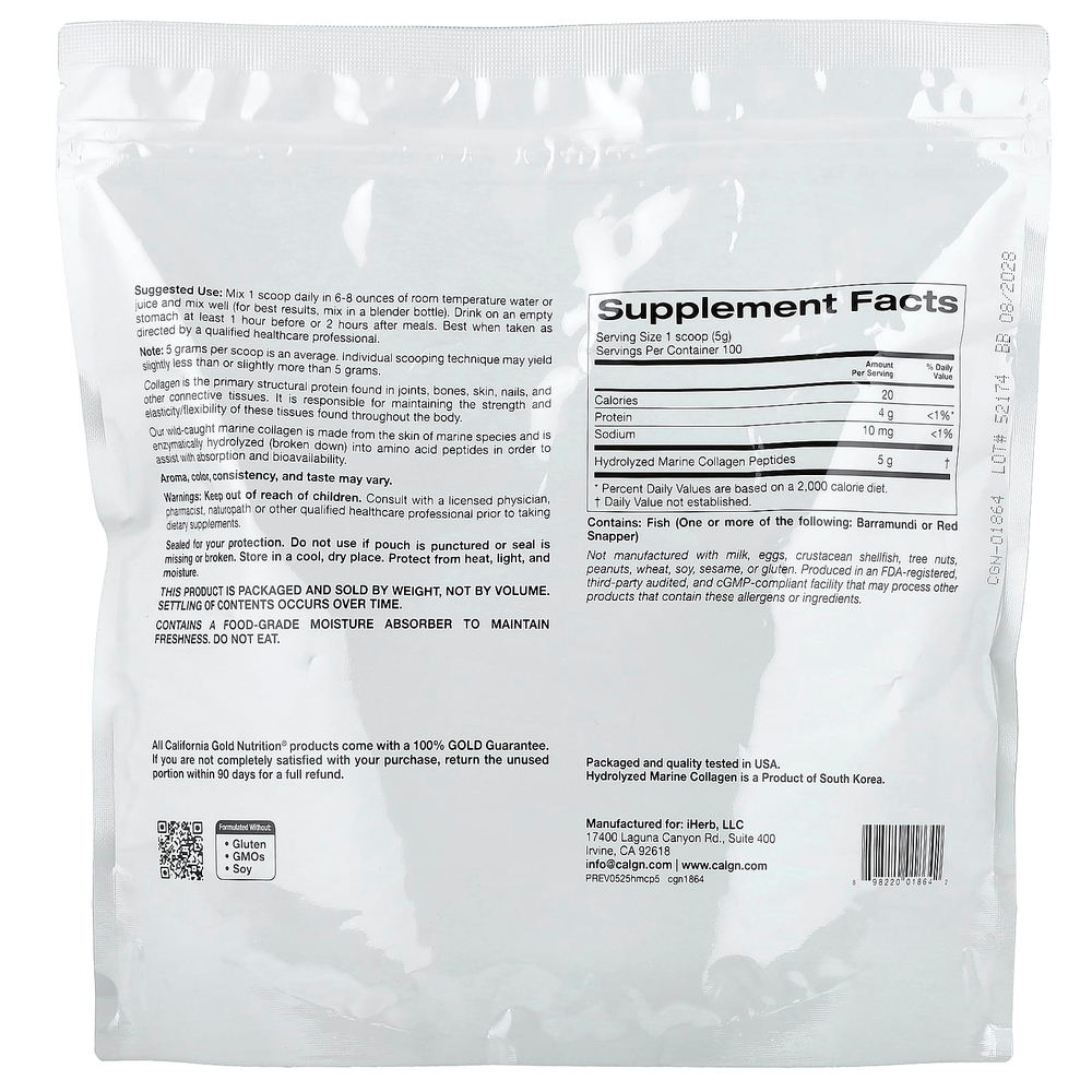California Gold Nutrition, гидролизованные пептиды морского коллагена, без добавок, 500 г (17,64 унции)