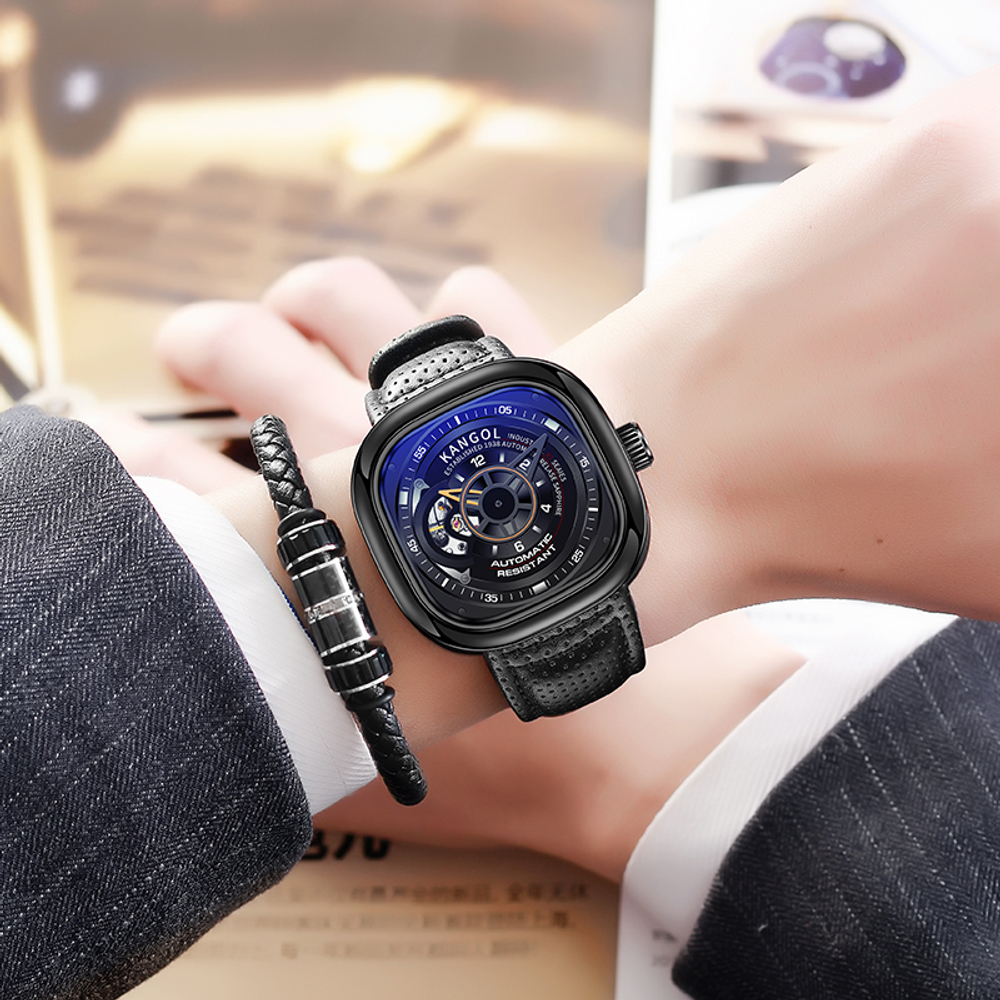 KANGOL Black Friday Automatic Mechanical Movement Genuine Leather Strap Watch Men"s Watches Skeleton Dial