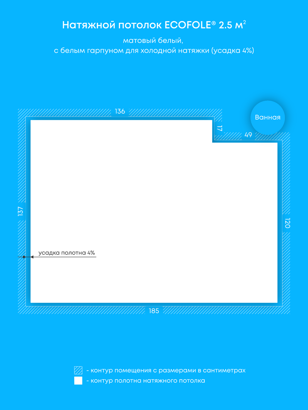 Матовый натяжной потолок 2.5 м2