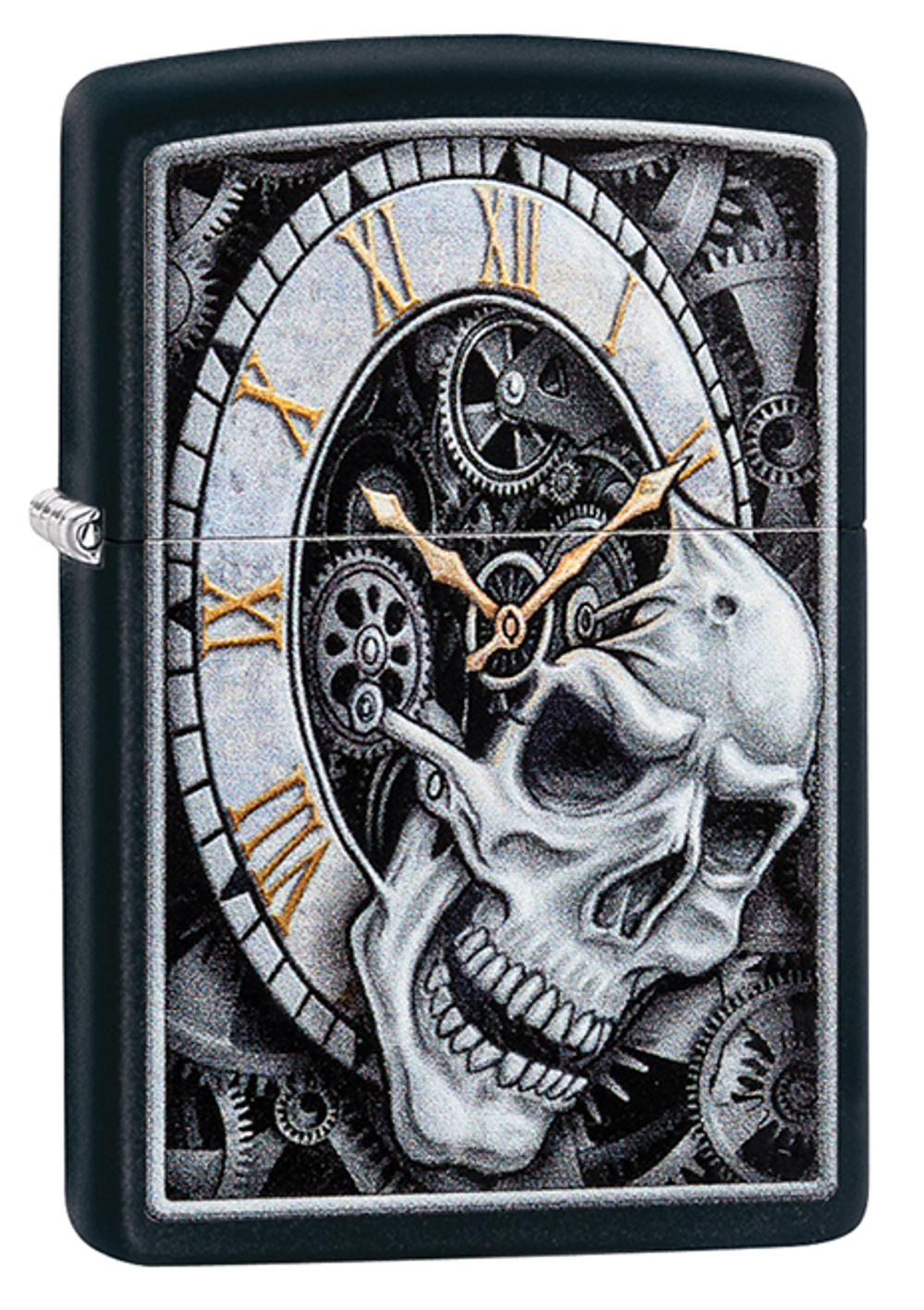 29854 Зажигалка ZIPPO Skull Clock Design Black Matte, латунь/сталь, чёрная, матовая, 38x13x57 мм