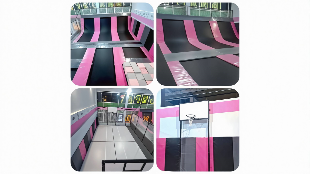 Батутная арена с наклонными батутами и  баскетбольной площадкой