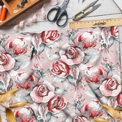 Ткань дюспо акварельные розы на сером