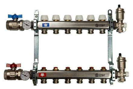 Коллектор Stout 1"x3/4" 6 контуров для радиаторного отопления из нержавеющей стали SMS-0912-000006